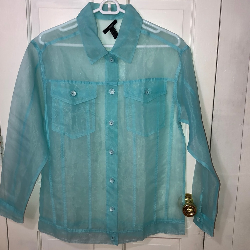 Sheer aqua mesh jacket button blouse
